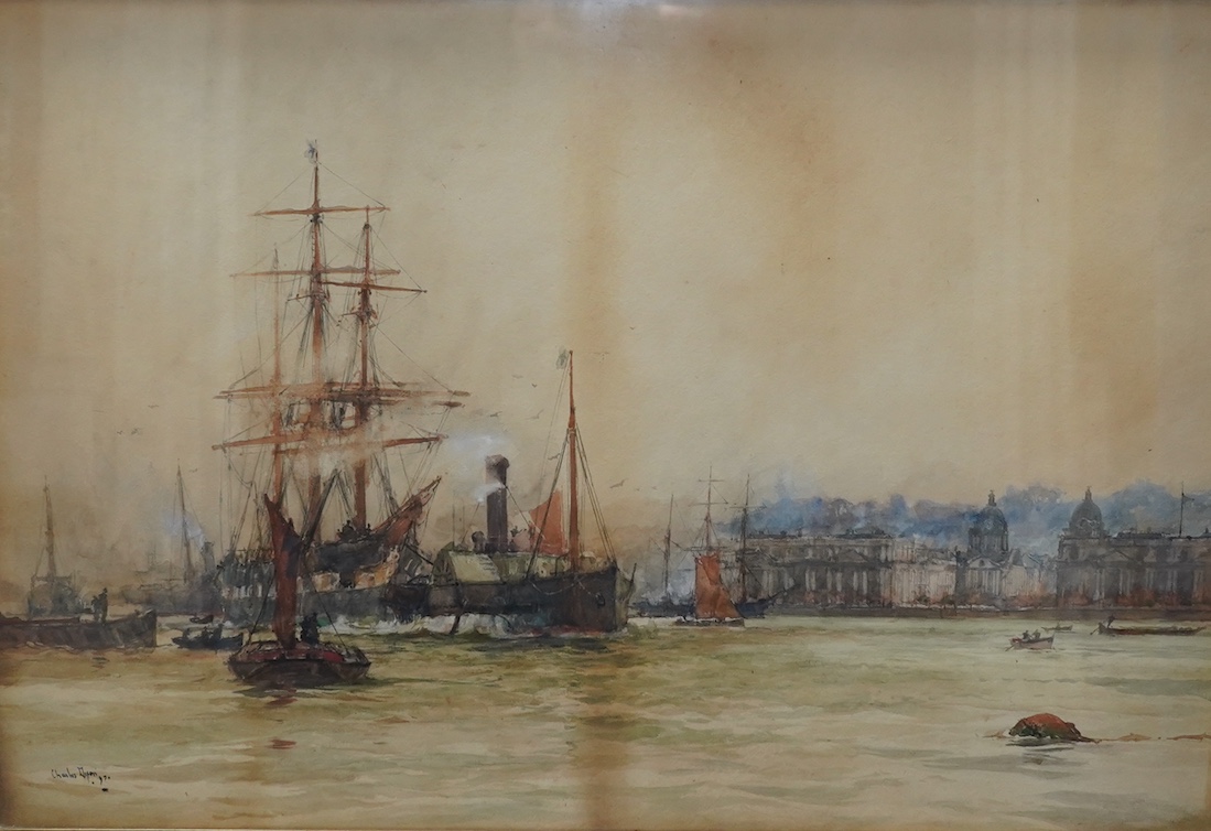 Charles Edward Dixon (English, 1872-1934), 'Greenwich Reach' and 'View to Southwark Bridge', watercolours, a pair, 36 x 53.5cm